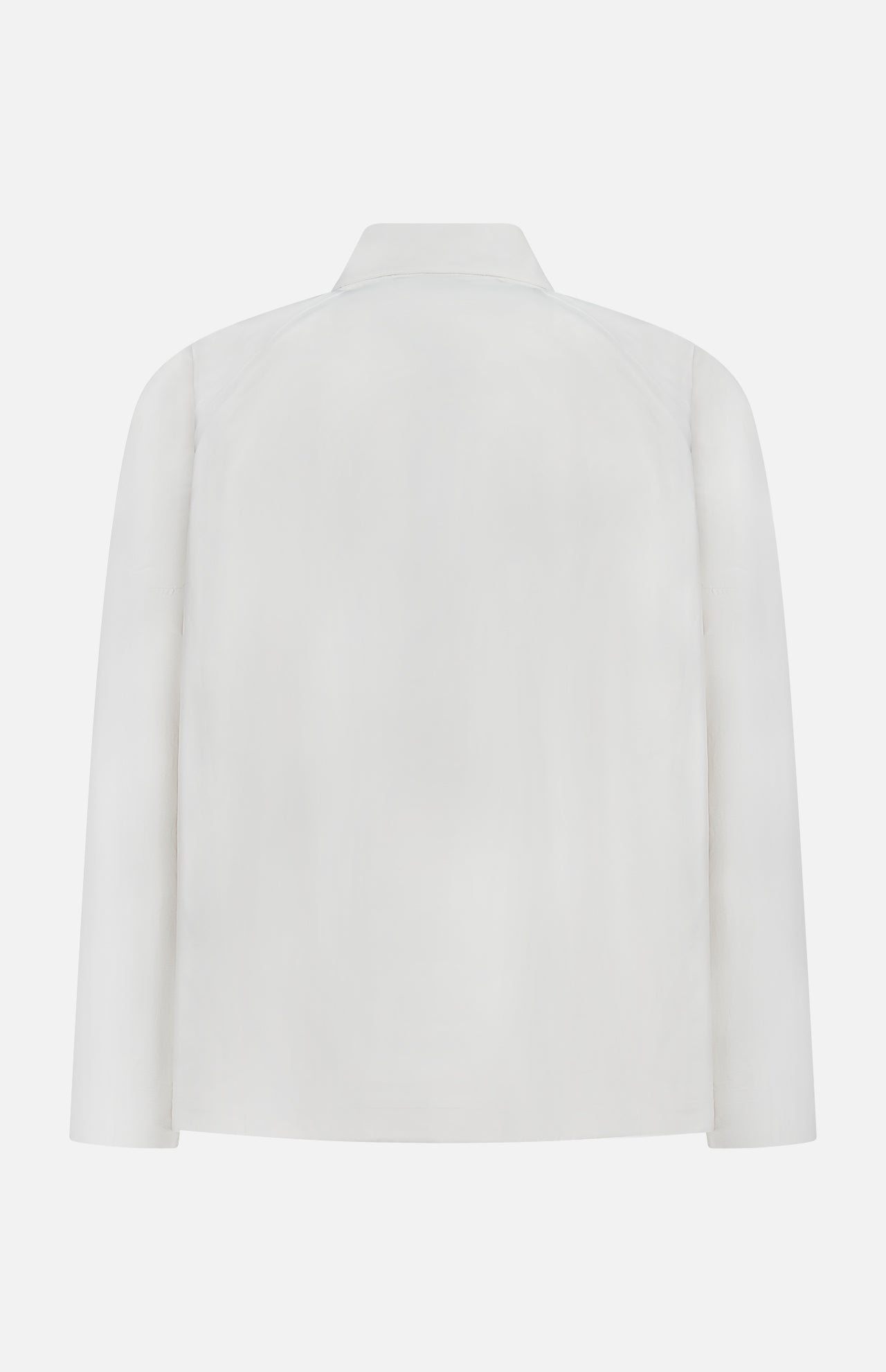 Back view of the SEASE Spring Lifetime Drawcord Jacket, a minimalist white outerwear piece with a collar, shown on a white background. The design features no visible buttons, pockets, or decorative details.