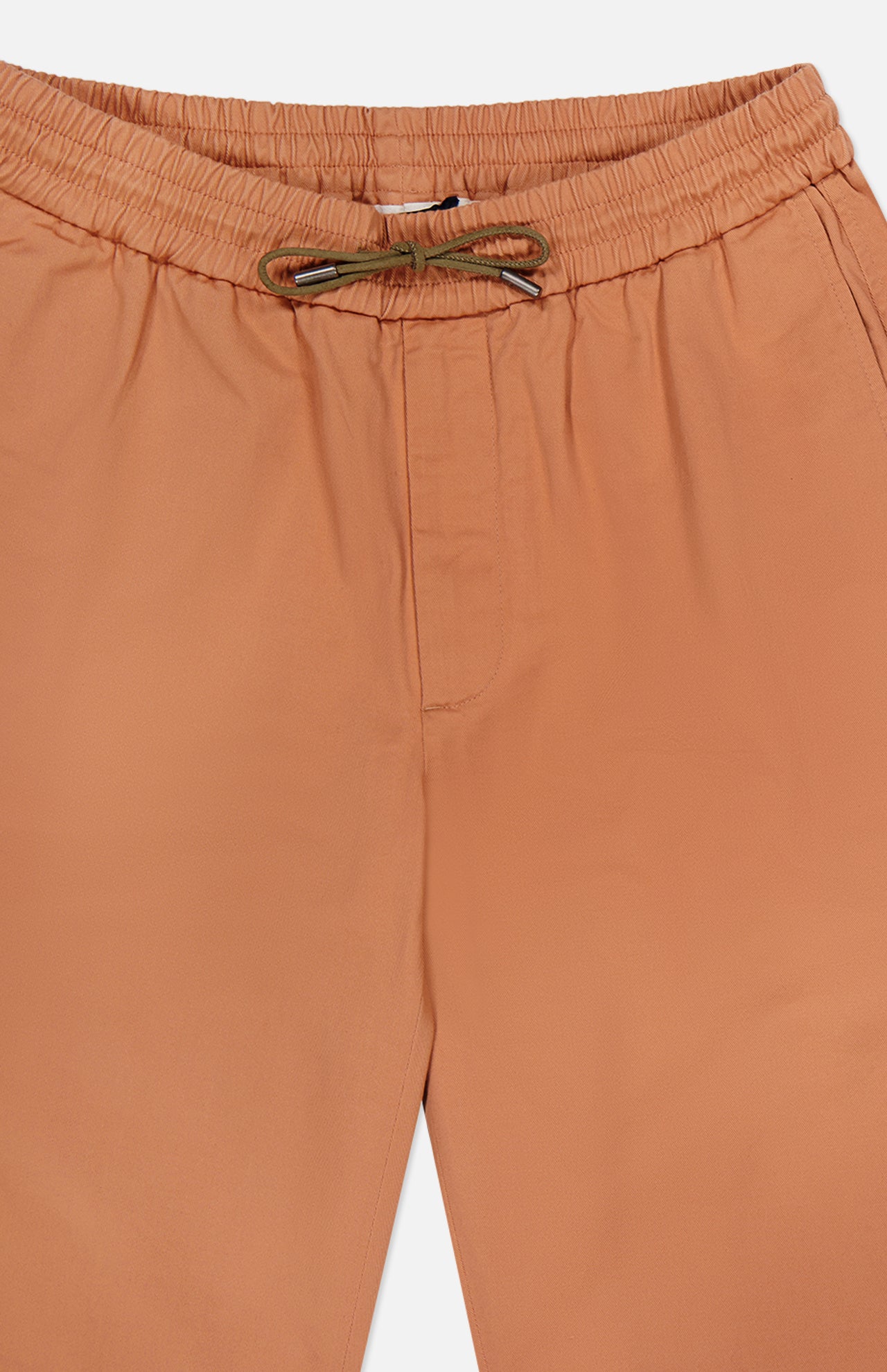Close-up of SEASE Summer Mindset Drawstring Trouser Pant in light brown, featuring a green adjustable drawstring at the elastic waist and a simple, minimal design.