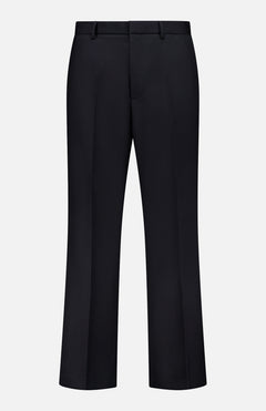 SECOND/LAYER Passo Wool Trousers are black, straight-leg virgin wool pants featuring belt loops and a front crease, made in Italy and shown against a white background.