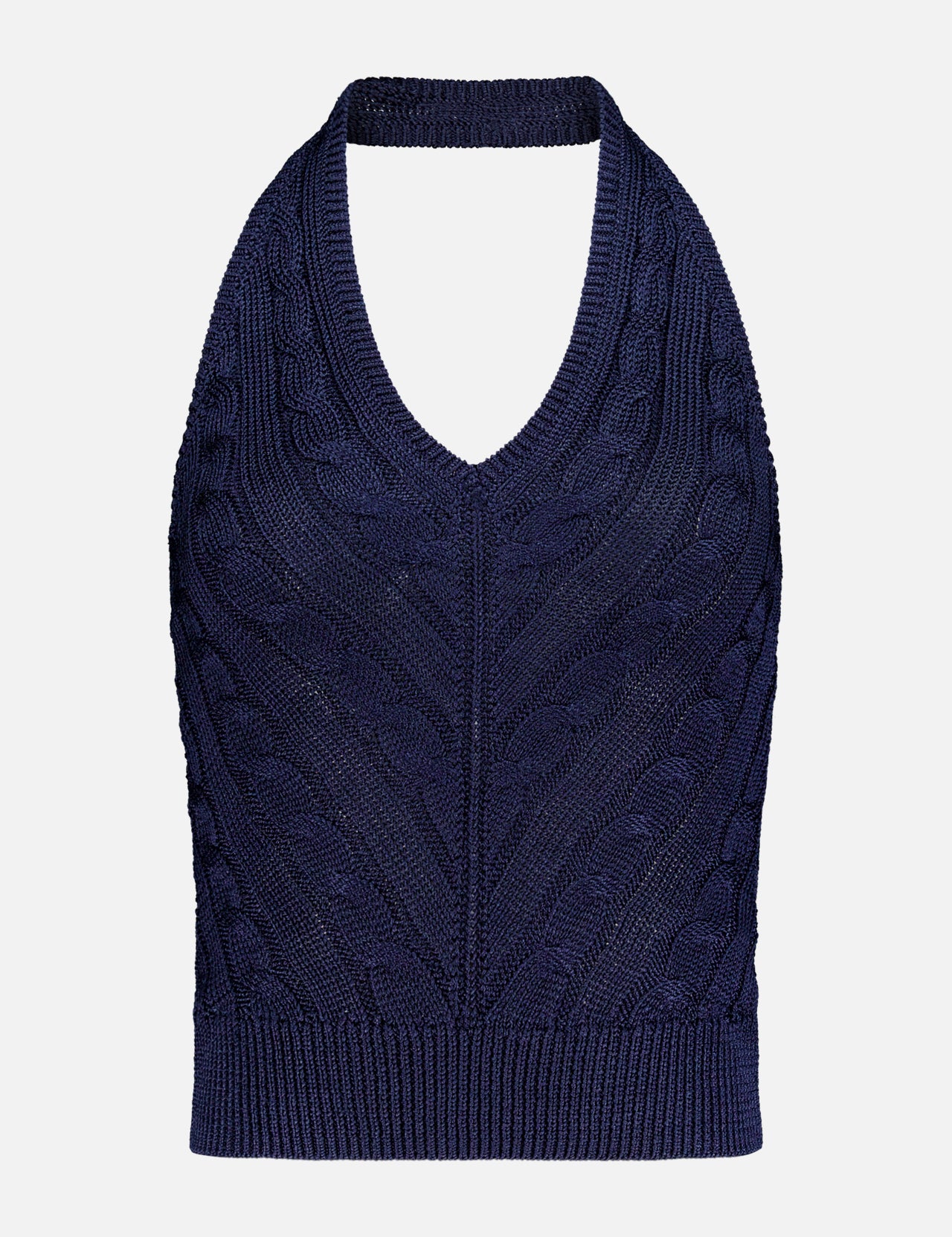 The Silk Cable Knit Halter Top by RALPH LAUREN COLLECTION features a navy blue cableknit design, V-neckline, ribbed hem, thick neck strap, and subtle backless style. Displayed against a plain white background.