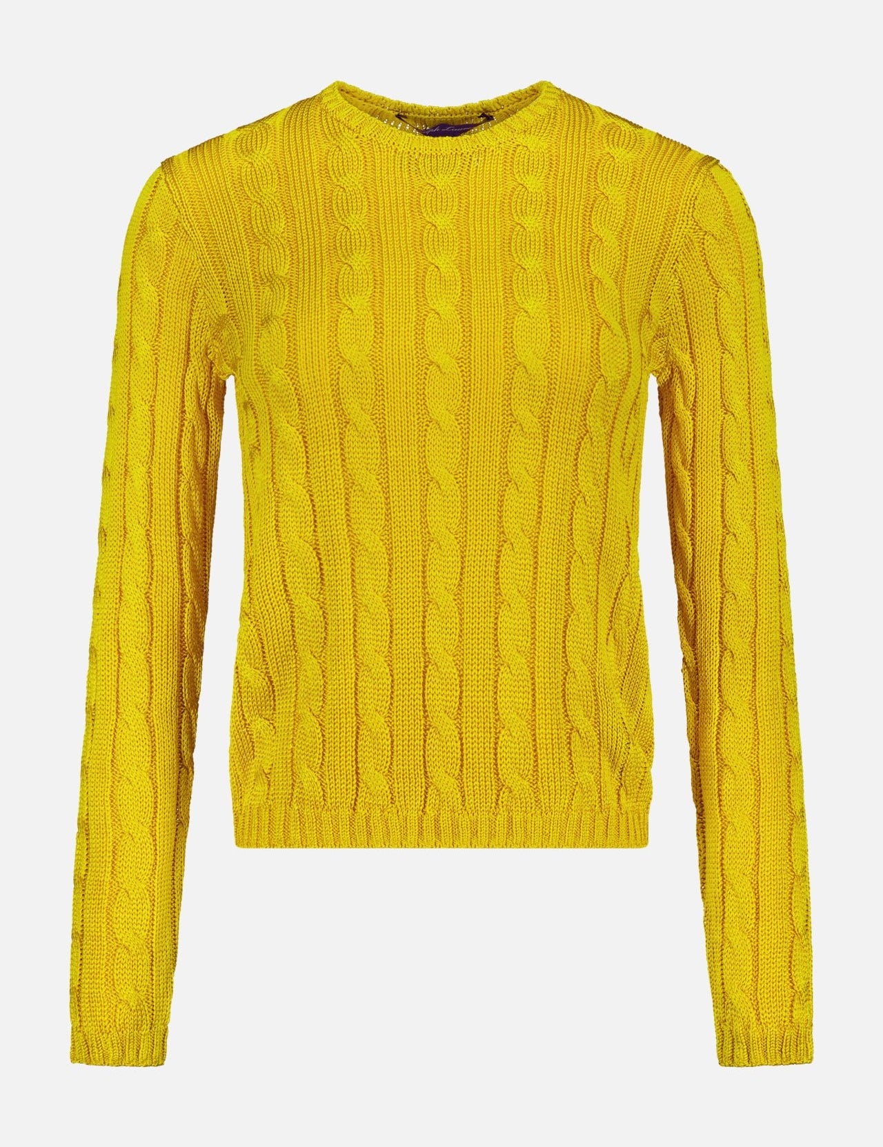 The RALPH LAUREN COLLECTION Silk Cable Knit Pullover Sweater in bright yellow features a crew neck, long sleeves, and ribbed cuffs and hem, shown against a white background.