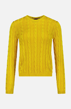 The RALPH LAUREN COLLECTION Silk Cable Knit Pullover Sweater in bright yellow features a crew neck, long sleeves, and ribbed cuffs and hem, shown against a white background.
