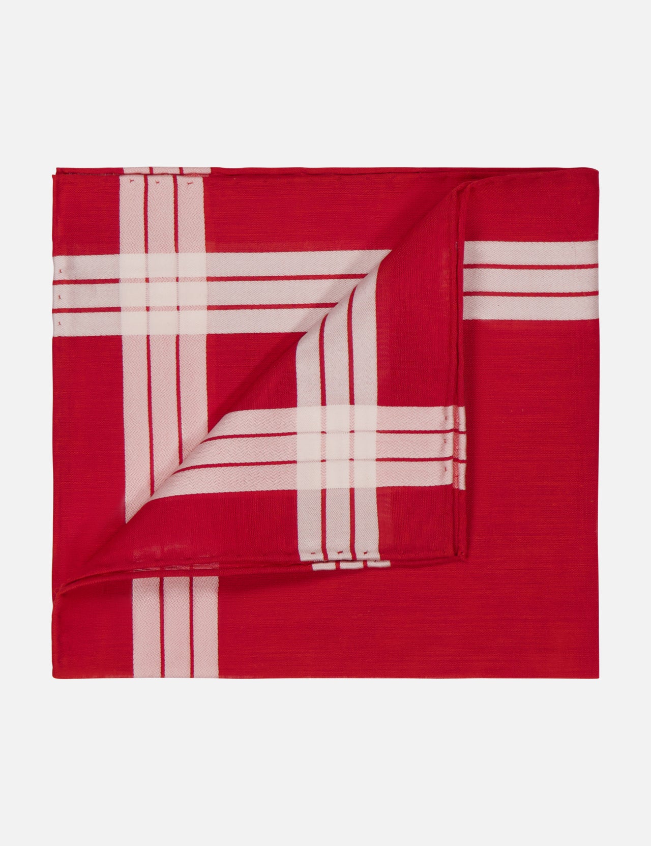 The Adelie Catin Jaquard Pocket Square by SIMONNOT GODARD features a red base with white rectangular grid stripes, offering timeless elegance inspired by French fashion houses.