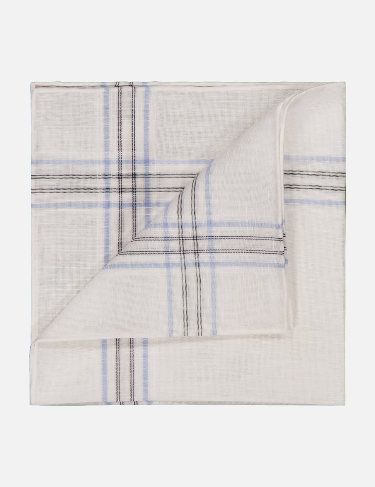 The Arane Woven Pocket Square by SIMONNOT GODARD features a folded white silk-blend design with a light blue and black plaid pattern, displayed against a plain white background.
