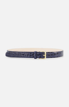 The SIMONNOT GODARD Crocco Flank Belt is a navy blue men's crocodile leather belt made in Italy with a gold rectangular buckle, shown on a white background.