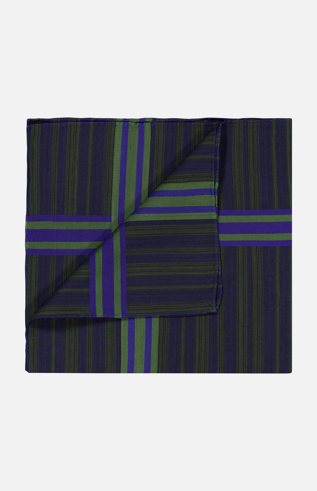 A folded SIMONNOT GODARD Beaupréau Cotton Pocket Square featuring a dark green and black pinstripe pattern with prominent horizontal and vertical purple and green stripes.