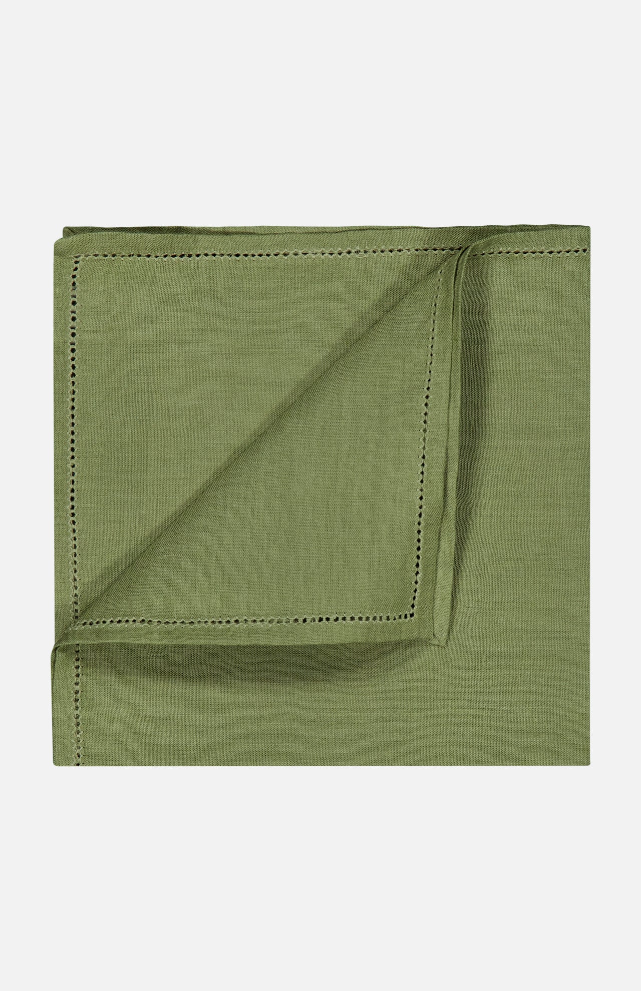 Sage green Jour Venise Hemstich Linen Pocket Square with a decorative hemstitched border, shown folded at the corner.