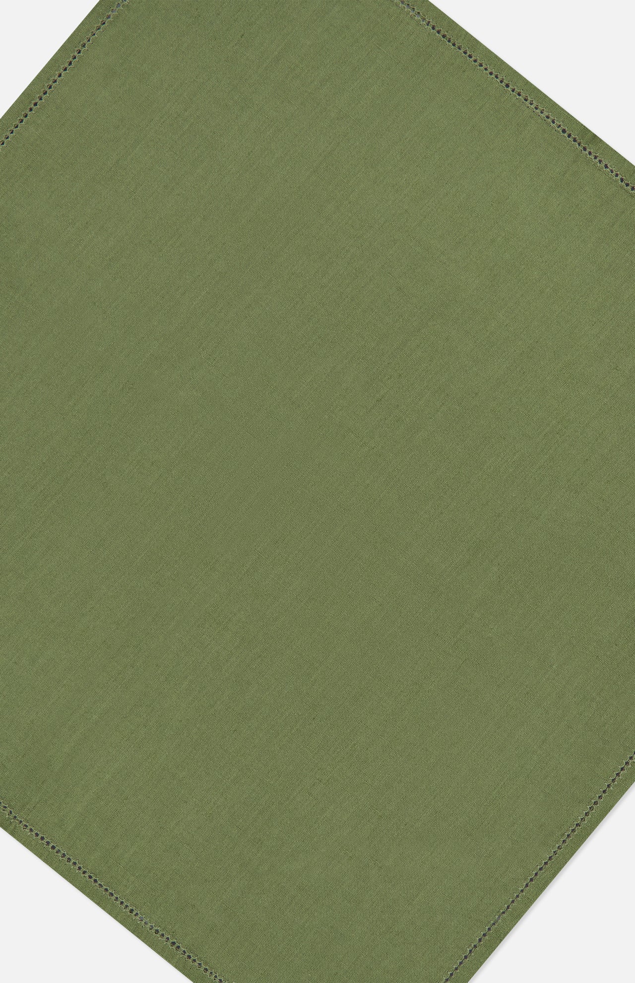 Olive green Jour Venise Hemstich Linen Pocket Square with a decorative hemstitched border.