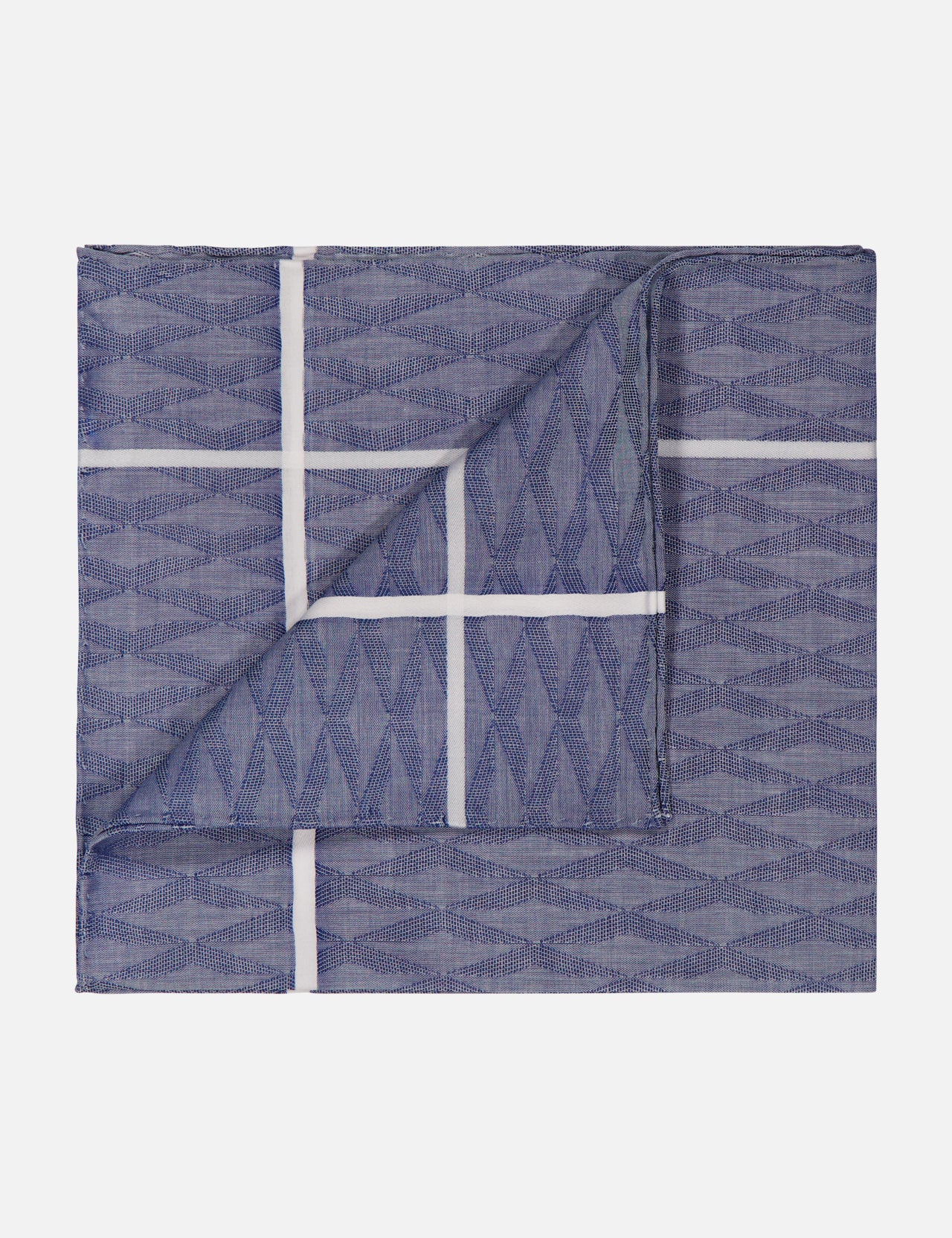 The SIMONNOT GODARD Nocturn Shadow Jacquard Pocket Square features a folded light blue and white geometric pattern with intersecting lines and a subtle chevron texture, shown on a plain white background.