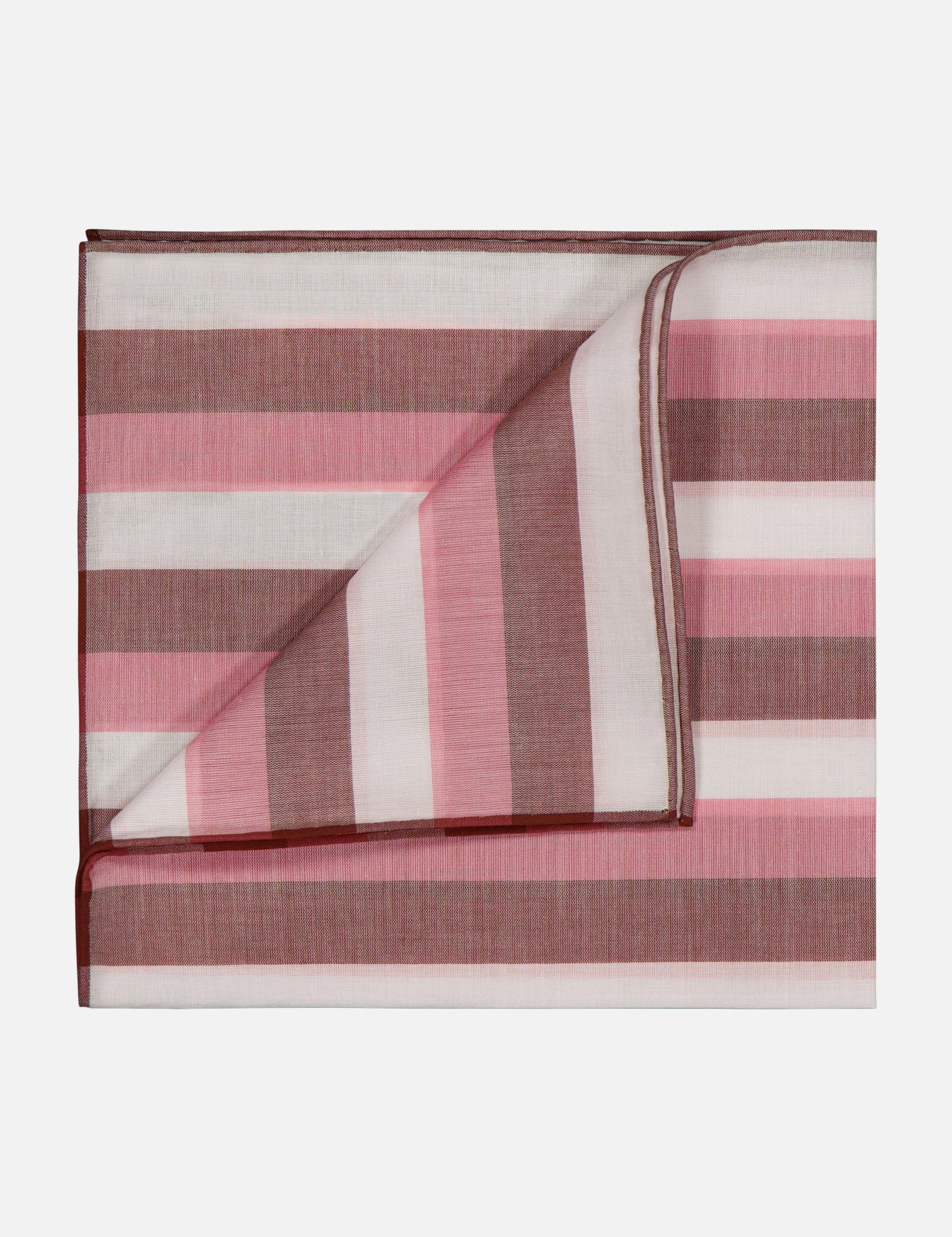 The Ravello Stripes Pocket Square by SIMONNOT GODARD features folded cotton fabric with wide pink, brown, and white stripes, shown on a white background—an elegant accessory for any look.