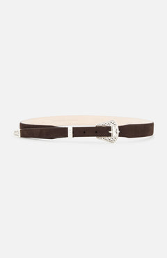 The SIMONNOT GODARD Decorative Hardware Suede Belt in dark brown features a silver buckle and tip, shown on a white background. Handcrafted in Italy, it offers timeless sophistication for designer menswear.