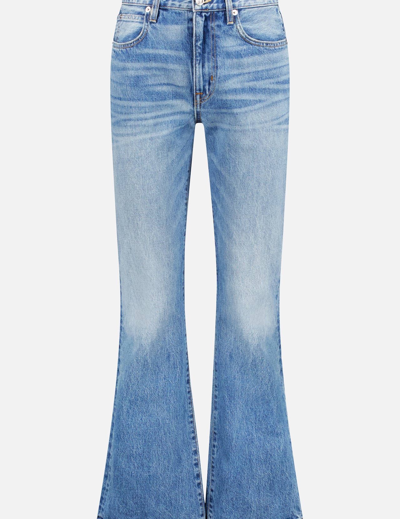 The Anita Satisfied Mind Bootcut Jean by SLVRLAKE Denim features light blue, 100% cotton high-rise bootcut jeans with button and zip closure, front and back pockets, and subtle thigh and knee fading.