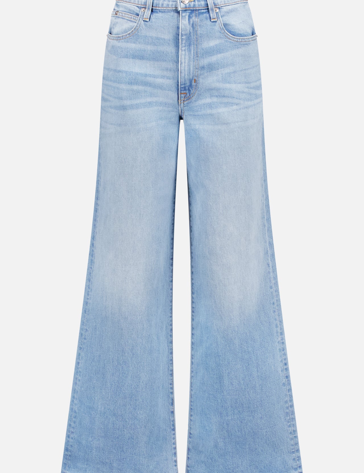 The SLVRLAKE Denim Eva Catalina Island Super Wide Leg Jean features a light blue, vintage-inspired high rise, wide leg silhouette, front button closure, belt loops, and front pockets, shown on a plain white background.