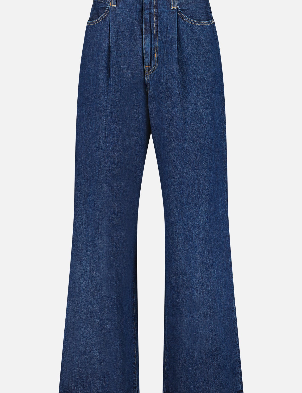 The Taylor Jeans by SLVRLAKE Denim feature a high-waisted, wide leg silhouette in dark blue denim with pleats, a raw waistband, classic stitching, and front pockets for timeless style.