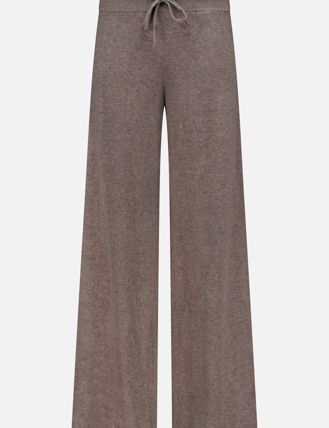 The LISA YANG Sofi Wide Leg Cashmere Trousers feature a high-waisted, wide-leg silhouette with a drawstring waist, crafted from soft cashmere for comfort. Shown here in brown against a plain white background.