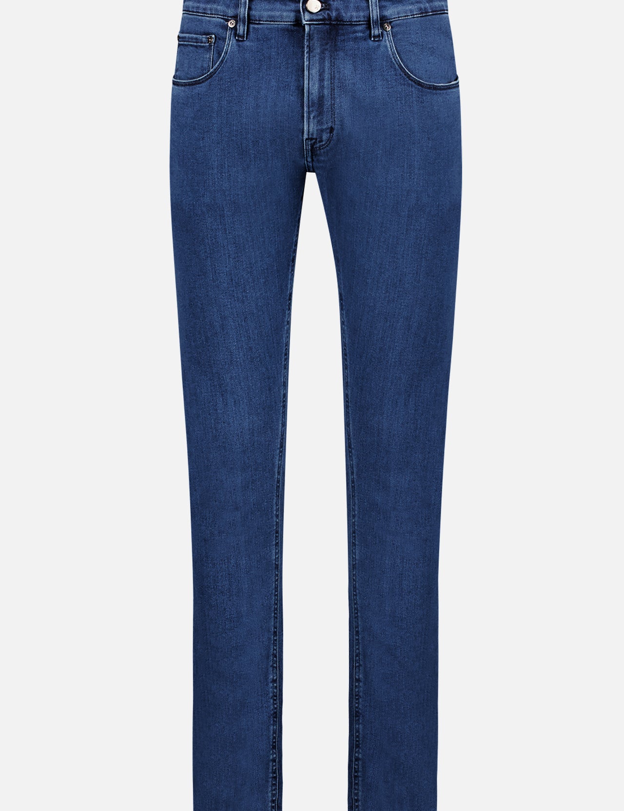 The Soft Stretch Medium Wash Denim Jean by PT TORINO is a classic men's style with a straight leg, five pockets, belt loops, and button-zip closure. Made in Italy and shown in dark blue on a white background.