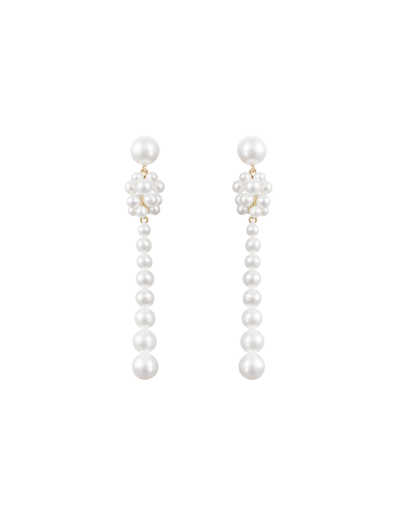 SOPHIE BILLE BRAHE’s Colonna Perle earrings feature clusters of small freshwater pearls atop a vertical line of larger white pearls, creating an elegant drop design. Set against a white background.