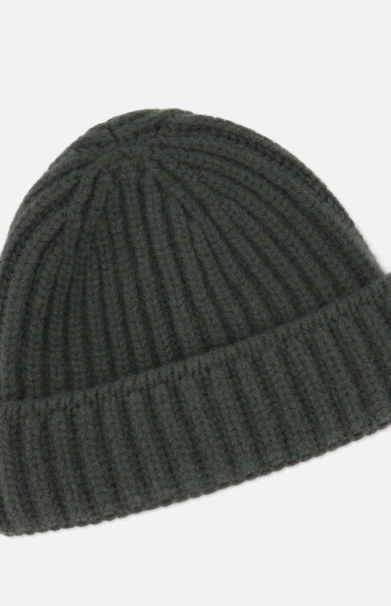 The DORIANI Cashmere Beanie in dark gray features a ribbed texture and folded brim, shown against a white background.