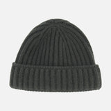 A dark gray ribbed Cashmere Beanie by DORIANI, featuring a folded brim and shown against a plain white background.