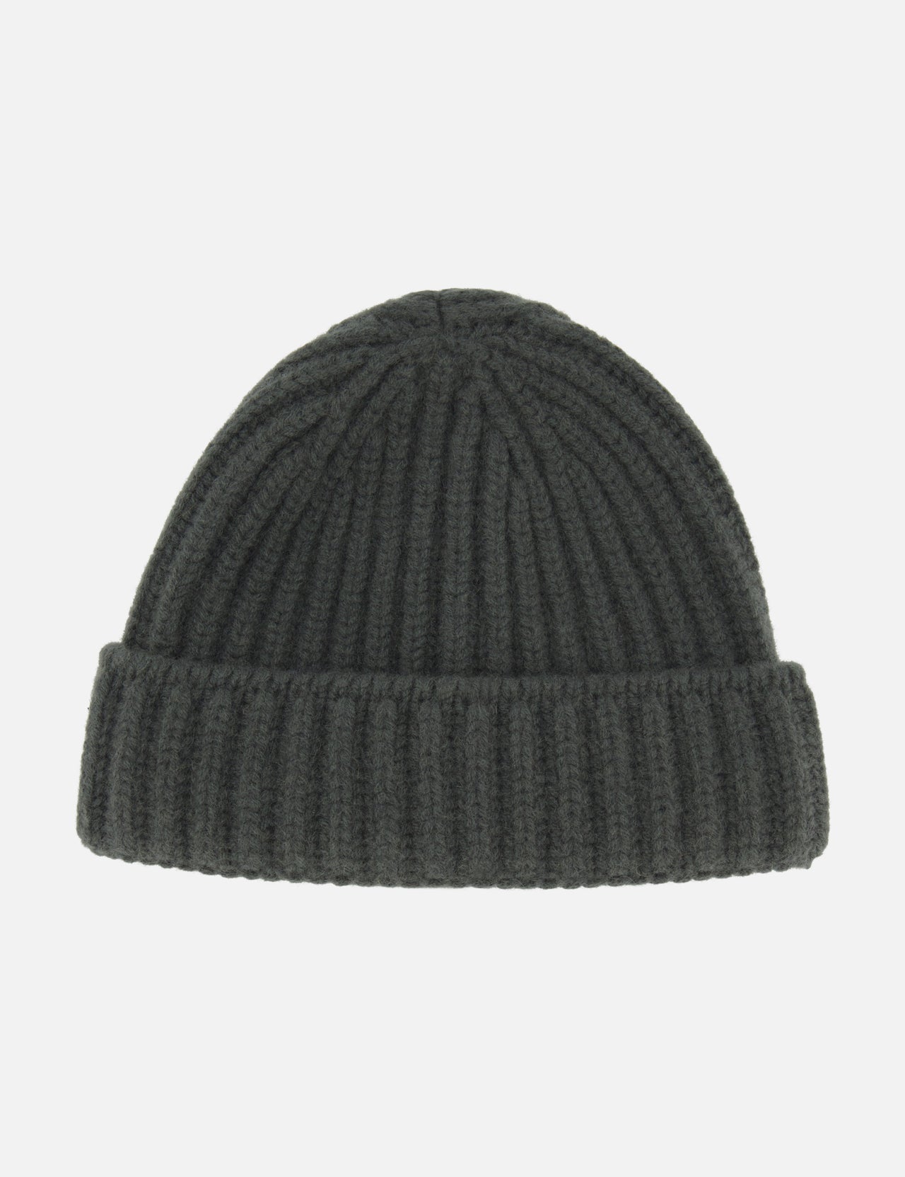 A dark gray ribbed Cashmere Beanie by DORIANI, featuring a folded brim and shown against a plain white background.