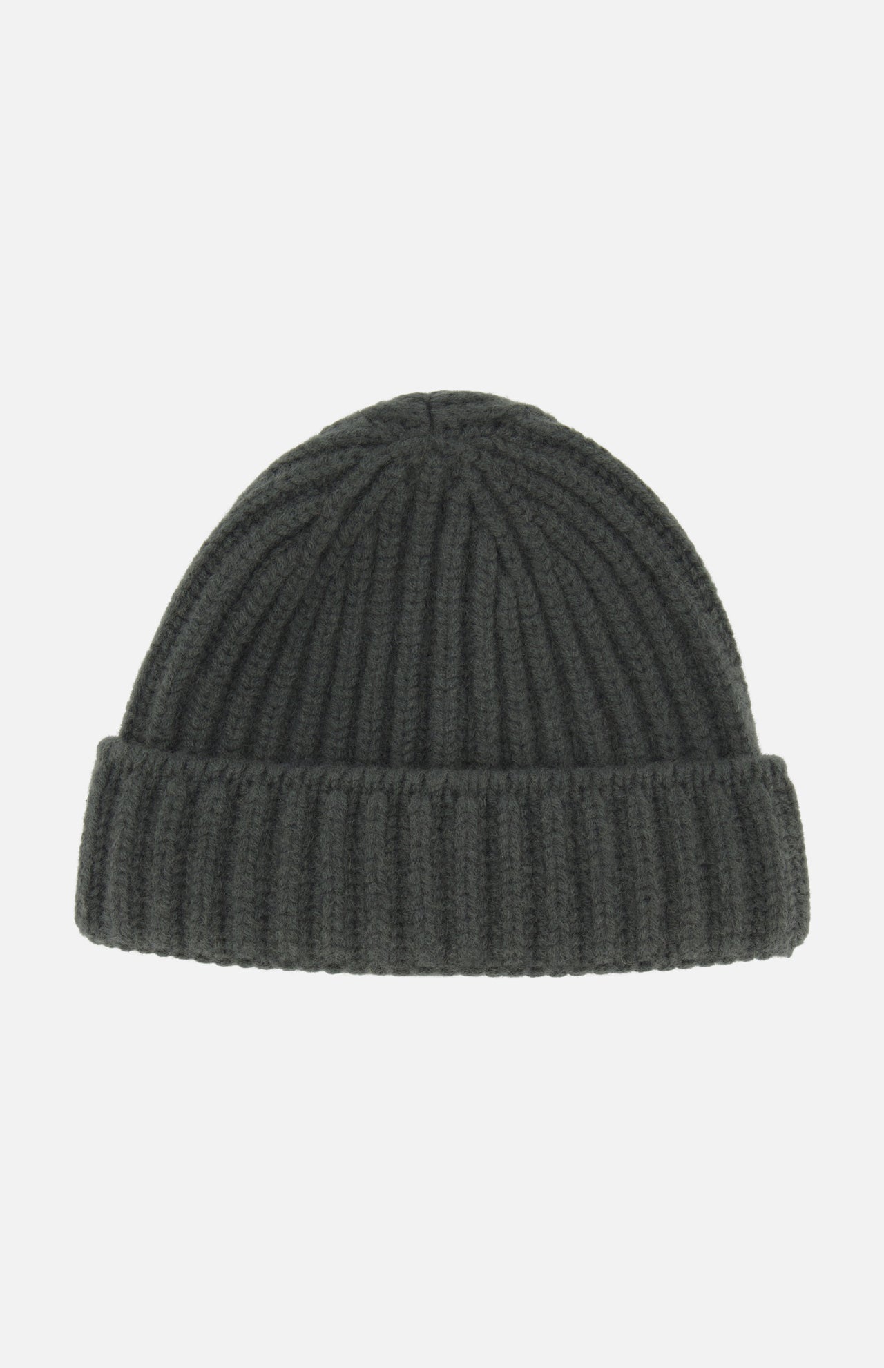 A dark gray ribbed Cashmere Beanie by DORIANI, featuring a folded brim and shown against a plain white background.