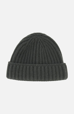 A dark gray ribbed Cashmere Beanie by DORIANI, featuring a folded brim and shown against a plain white background.