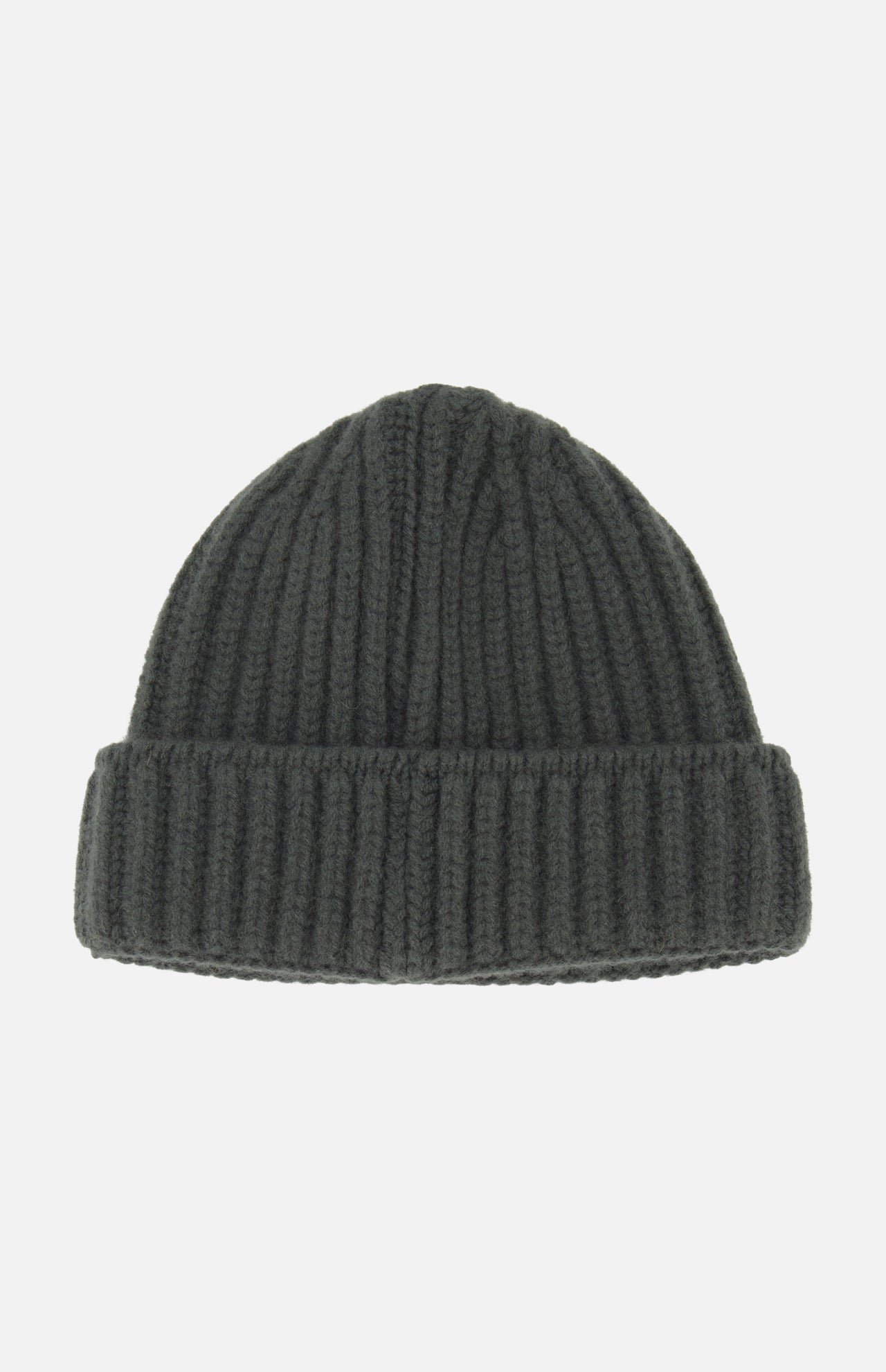 A DORIANI Cashmere Beanie in dark gray, featuring a ribbed design and a folded brim, is displayed against a plain white background.