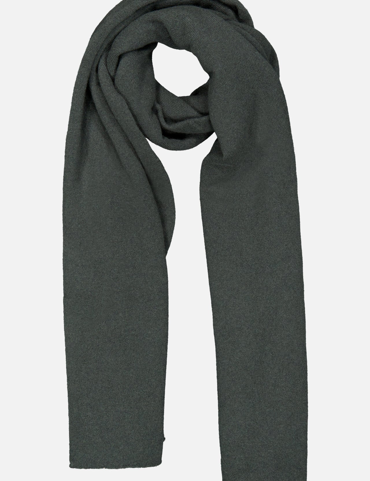 A DORIANI Cashmere Knit Scarf in dark gray is laid flat on a white background, with one end looped over itself in a simple twist.