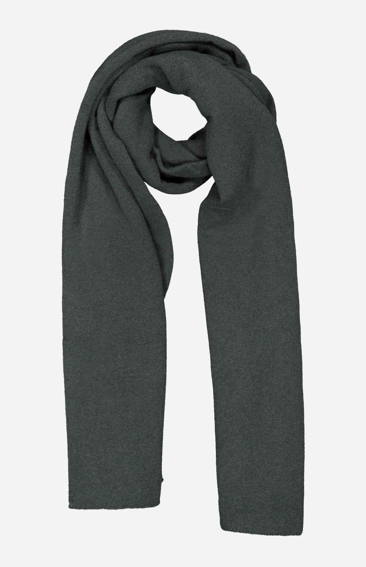 A DORIANI Cashmere Knit Scarf in dark gray is laid flat on a white background, with one end looped over itself in a simple twist.