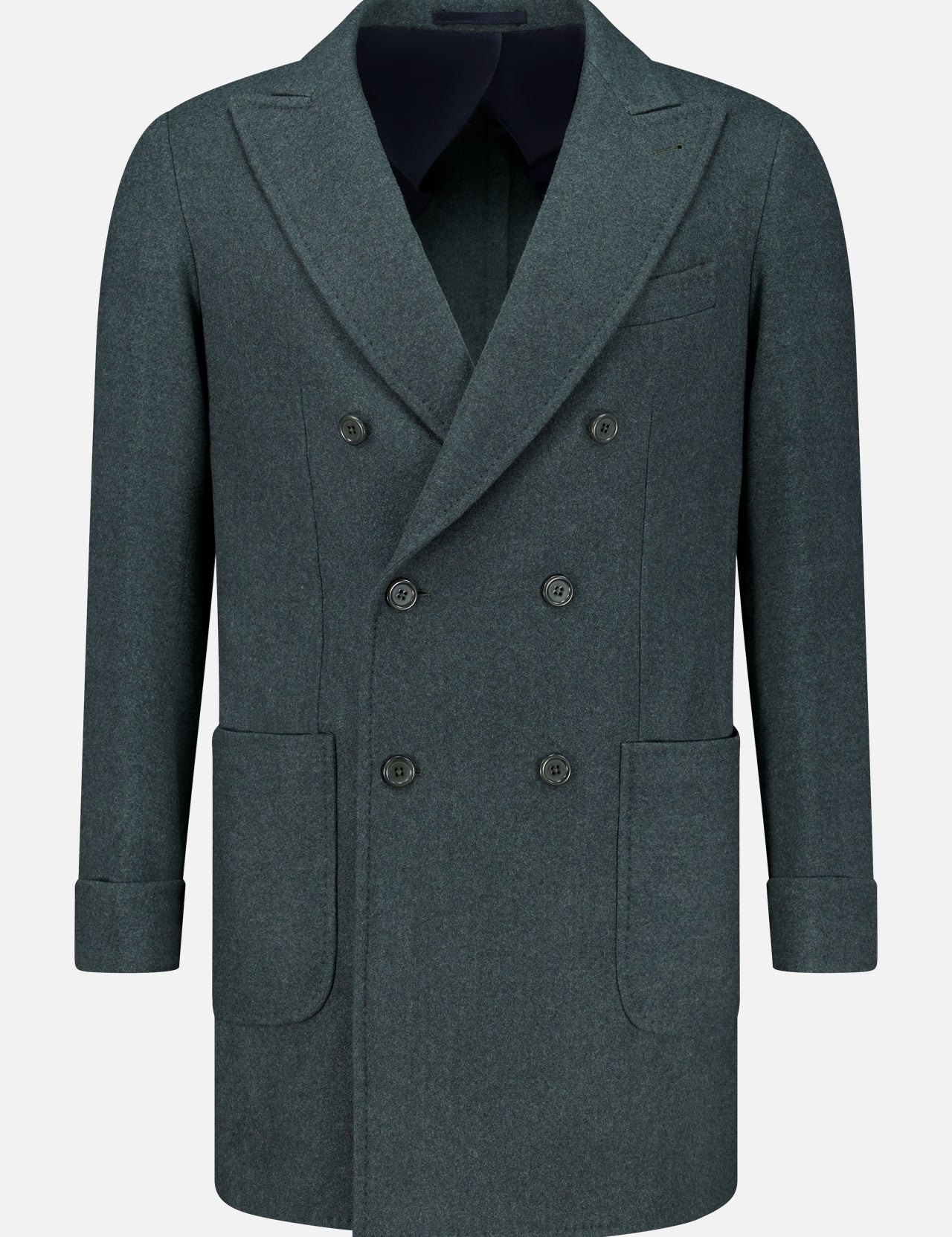 The Double Breasted 180′s Jersey Coat by DORIANI is a dark grey, double-breasted design crafted from luxurious virgin wool and features wide lapels, six buttons, two large front pockets, and folded cuffs. Made in Italy, it is displayed on a plain white background.