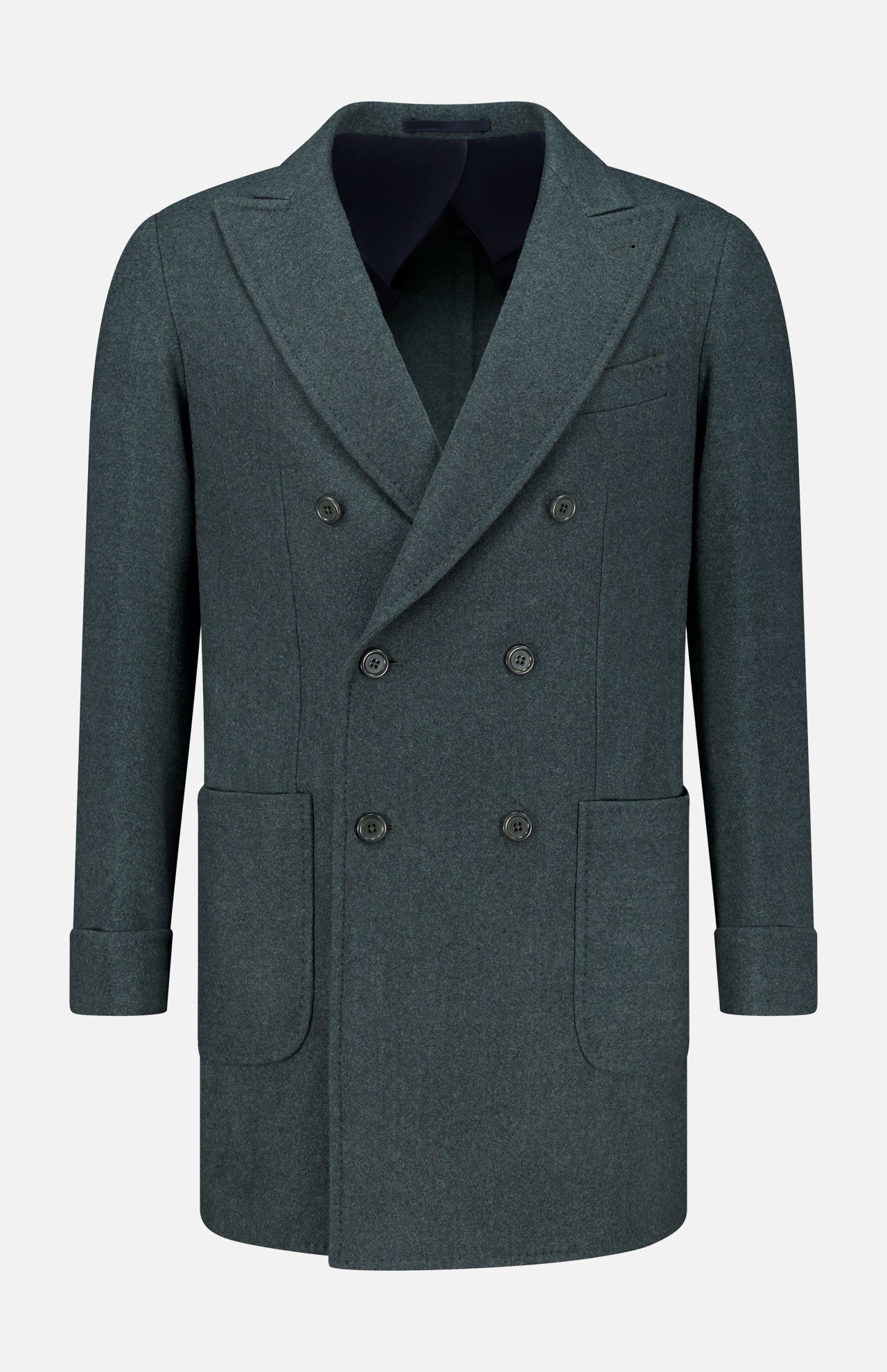 The Double Breasted 180′s Jersey Coat by DORIANI is a dark grey, double-breasted design crafted from luxurious virgin wool and features wide lapels, six buttons, two large front pockets, and folded cuffs. Made in Italy, it is displayed on a plain white background.