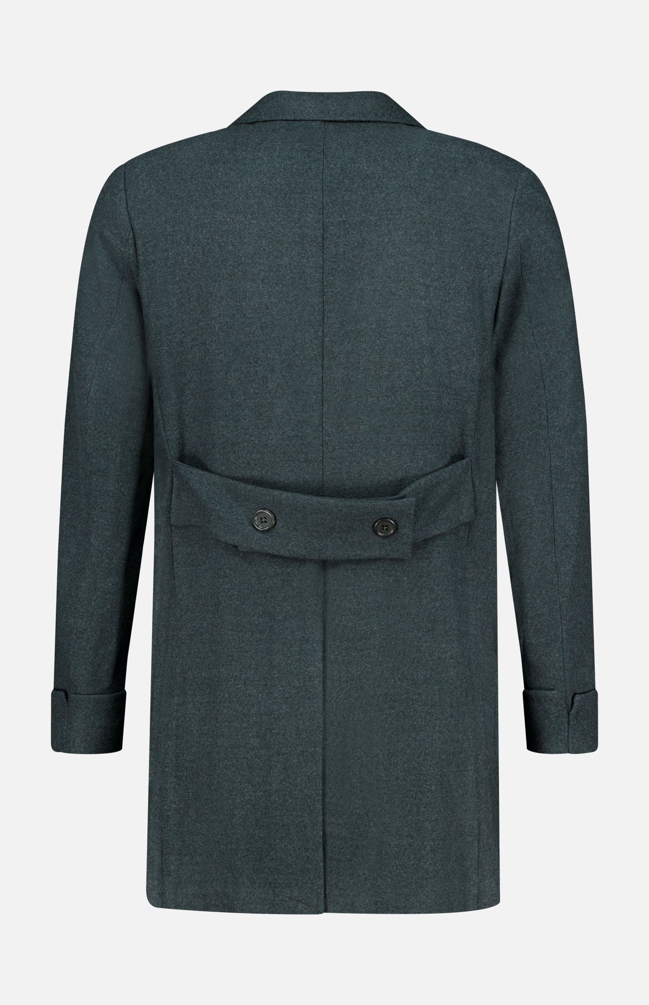 The DORIANI Double Breasted 180′s Jersey Coat is showcased from the back in dark gray, featuring a notched collar, long sleeves with cuffs, and a back belt detail fastened with two buttons. Expertly crafted in Italy from luxurious virgin wool, it offers timeless style and exceptional quality.
