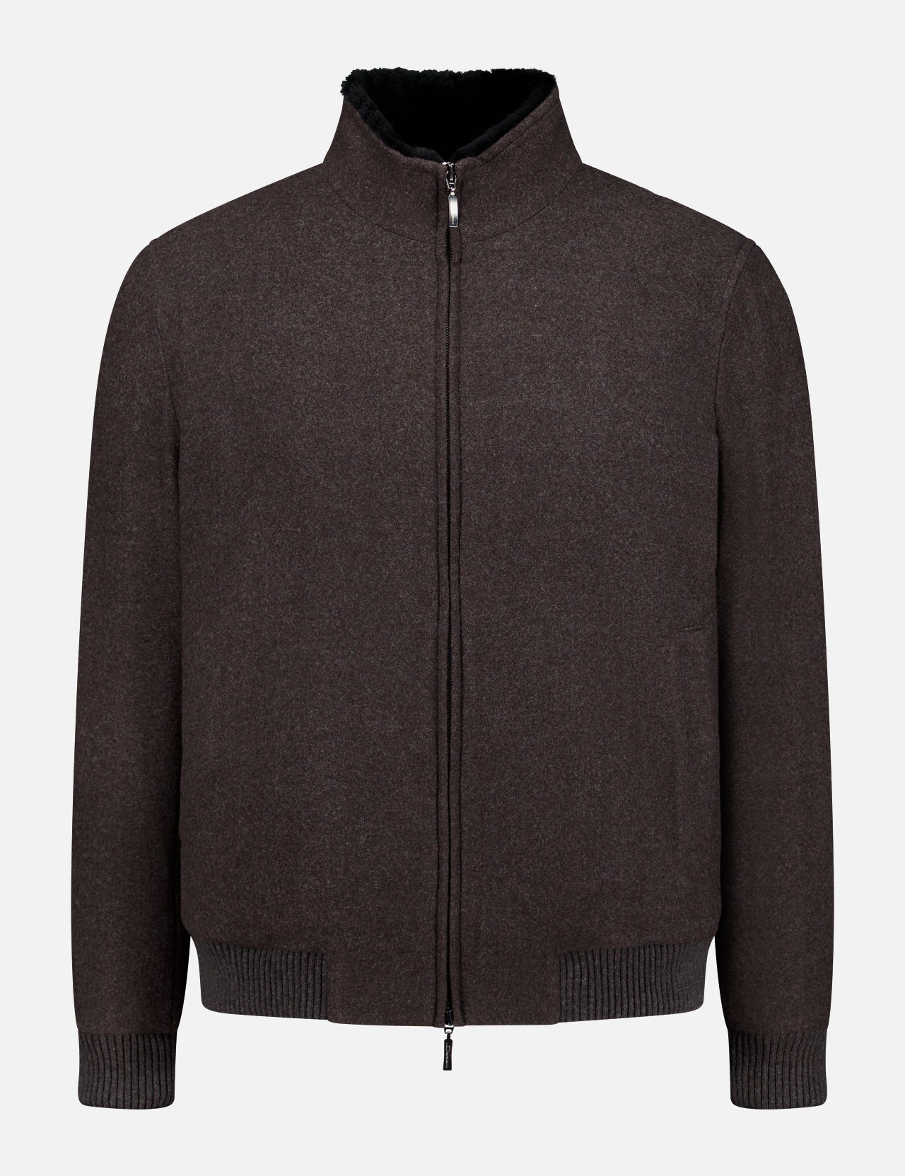 The DORIANI Fur 180′s Jersey Bomber Jacket, a chocolate brown wool piece handcrafted in Italy, features a plush shearling collar lining, ribbed cuffs and hem, and a sleek silver zipper. Presented flat against a white background.