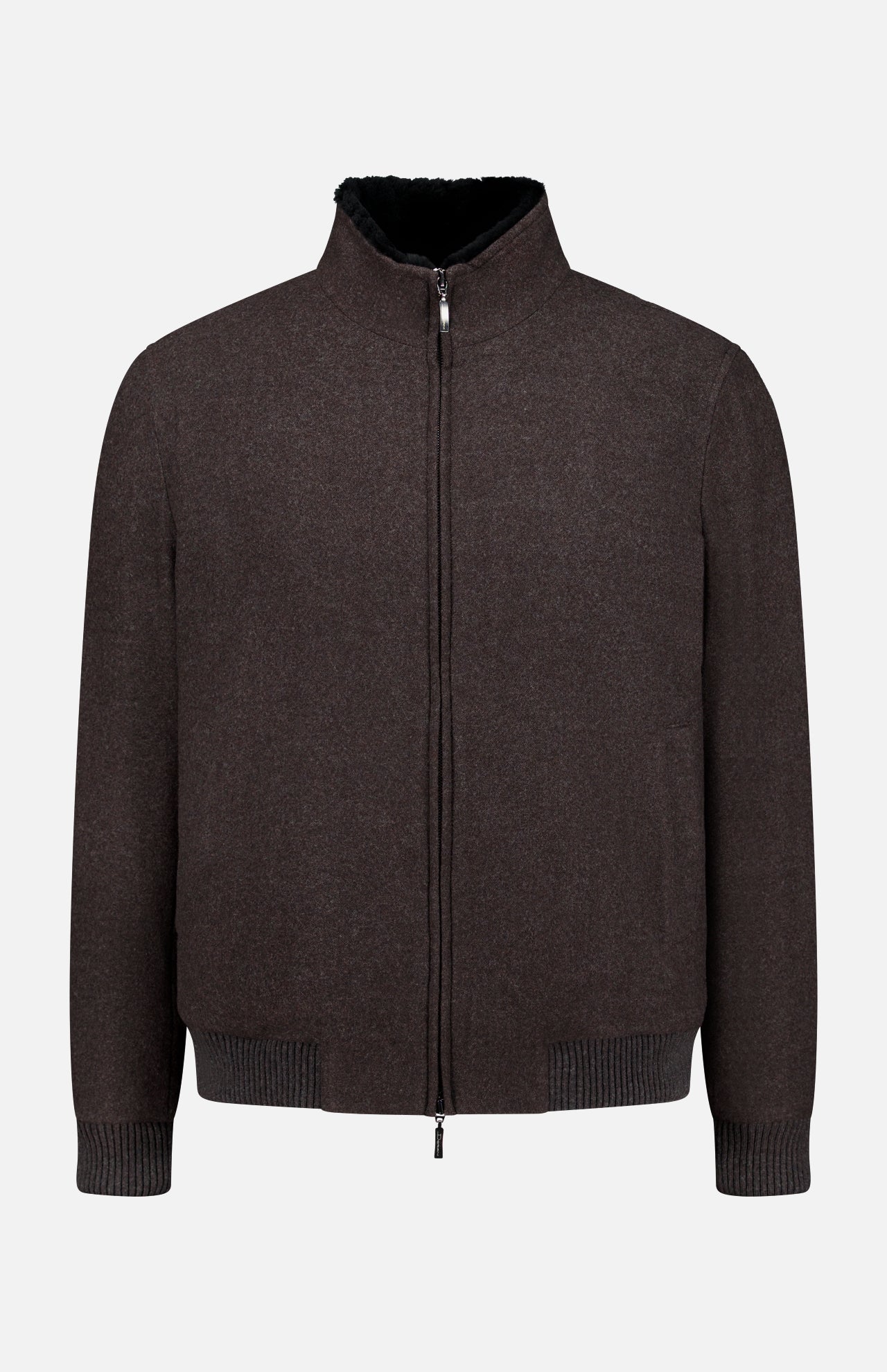 The DORIANI Fur 180′s Jersey Bomber Jacket, a chocolate brown wool piece handcrafted in Italy, features a plush shearling collar lining, ribbed cuffs and hem, and a sleek silver zipper. Presented flat against a white background.