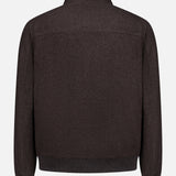 Back view of the Fur 180′s Jersey Bomber Jacket by DORIANI in chocolate brown wool, handmade in Italy, featuring a sherpa-lined collar and ribbed hem and cuffs.