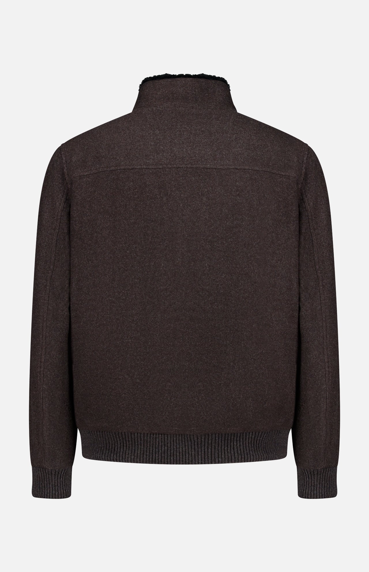 Back view of the Fur 180′s Jersey Bomber Jacket by DORIANI in chocolate brown wool, handmade in Italy, featuring a sherpa-lined collar and ribbed hem and cuffs.