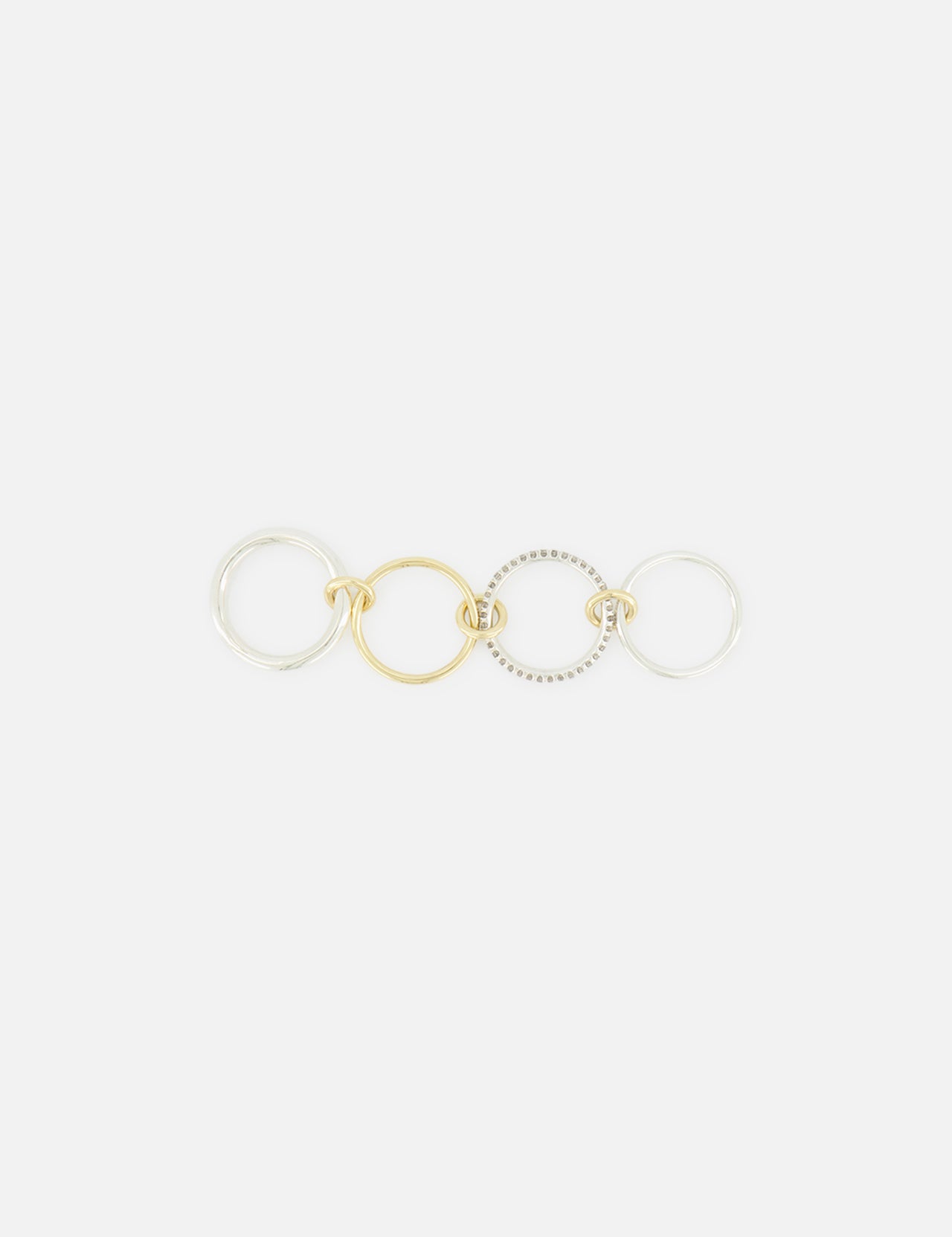 The SPINELLI KILCOLLIN Nimbus 4 Band Diamond Ring features four interlocking sterling silver and gold-tone bands, one accented with diamonds. Displayed on a plain white background.