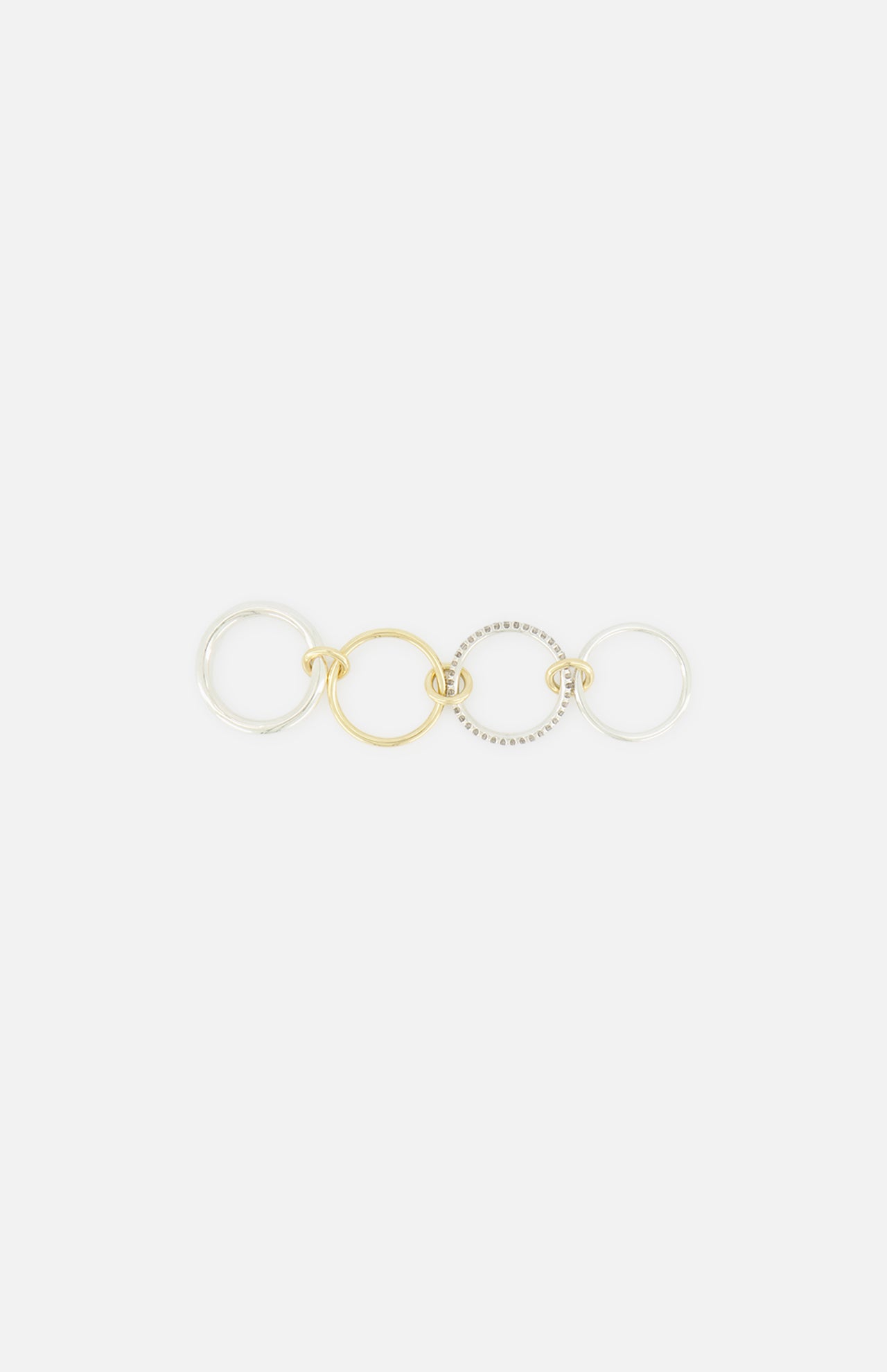The SPINELLI KILCOLLIN Nimbus 4 Band Diamond Ring features four interlocking sterling silver and gold-tone bands, one accented with diamonds. Displayed on a plain white background.