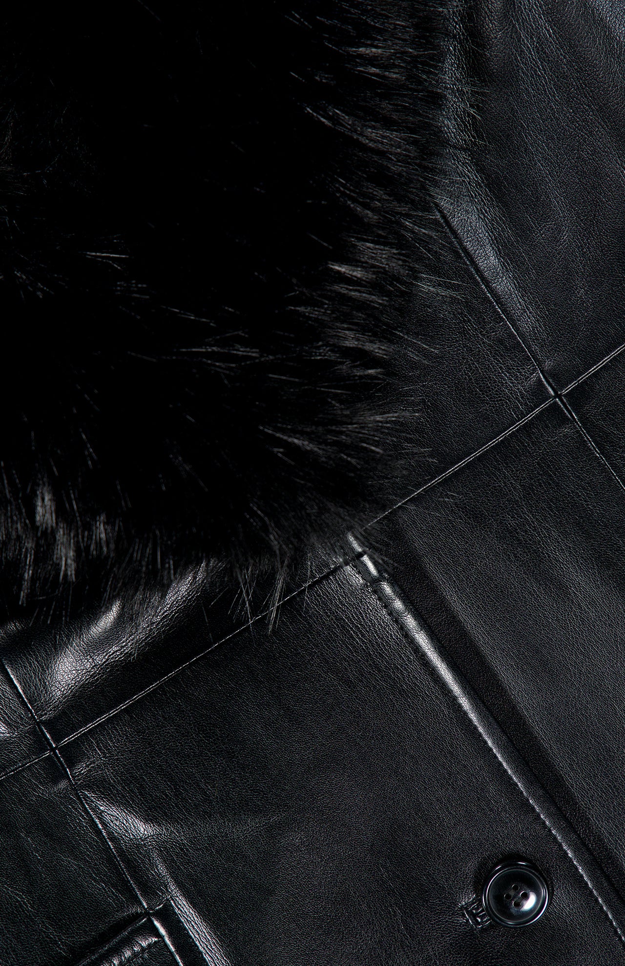 Stand Studio Estella Faux Fur Detail Coat in black faux leather with a thick faux fur shawl collar and a single visible button.