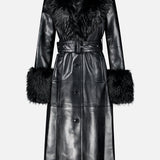 Stand Studio Estella Faux Fur Detail Coat in black, a long-length faux leather design featuring a faux fur shawl collar, faux fur cuffs, and a buckled waist belt.