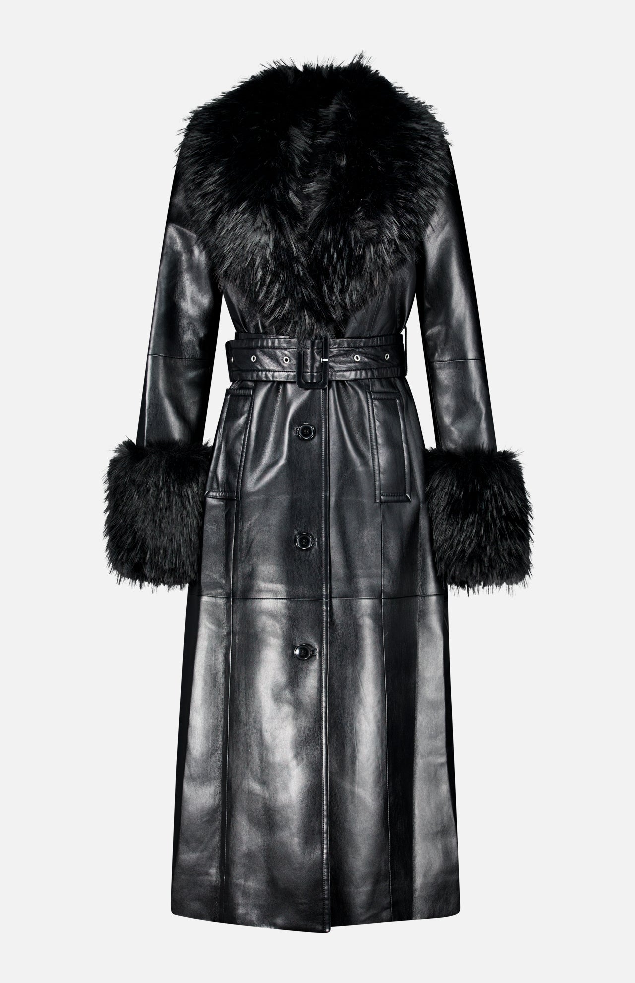 Stand Studio Estella Faux Fur Detail Coat in black, a long-length faux leather design featuring a faux fur shawl collar, faux fur cuffs, and a buckled waist belt.