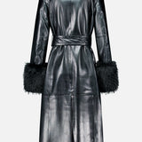 Back view of the black Estella Faux Fur Detail Coat, a belted long faux leather coat with faux fur trim on the collar and cuffs.
