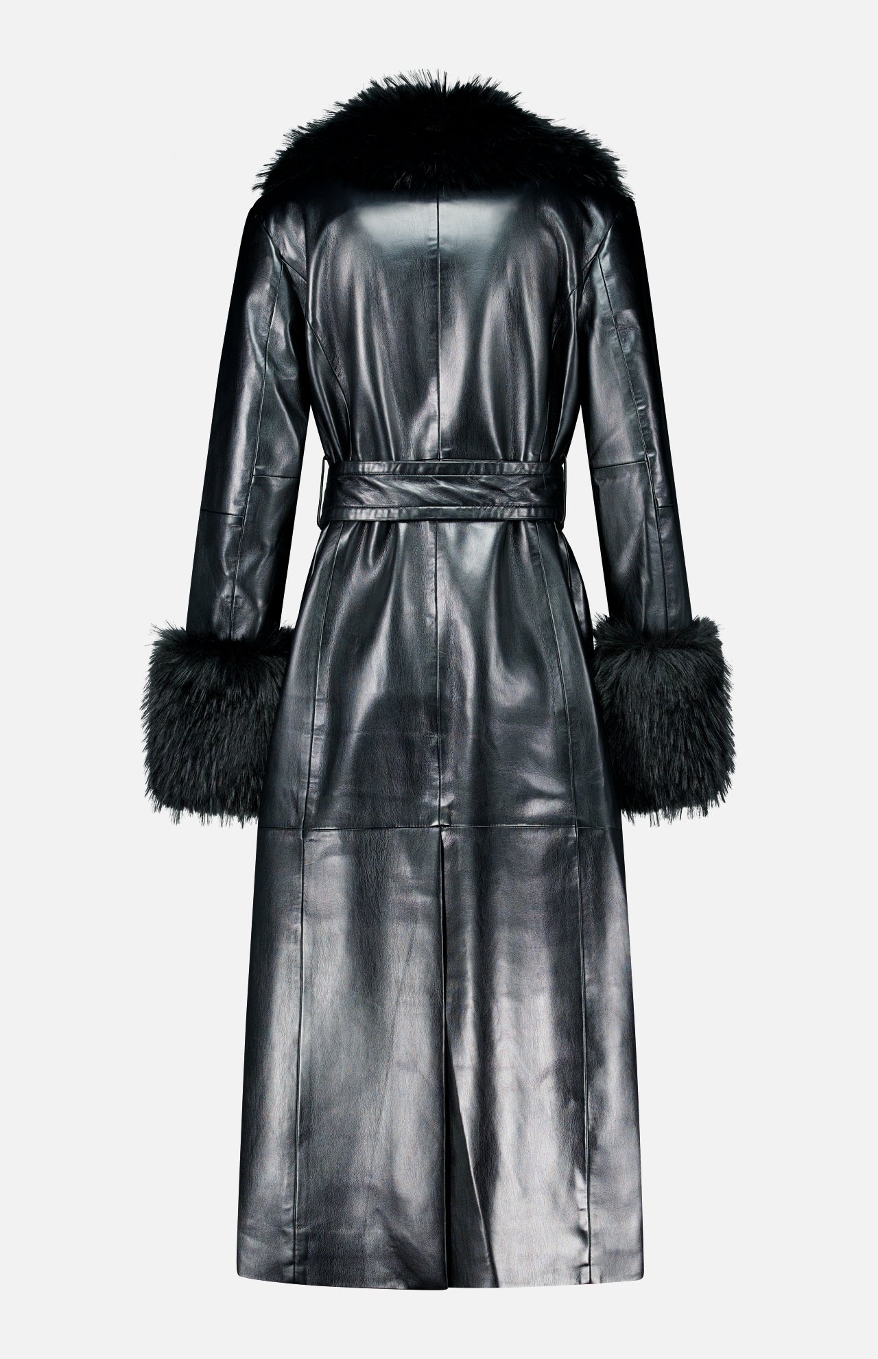 Back view of the black Estella Faux Fur Detail Coat, a belted long faux leather coat with faux fur trim on the collar and cuffs.