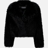 Stand Studio Samara Short Fox-like Jacket in black faux fur with a cropped silhouette and a wide collar.