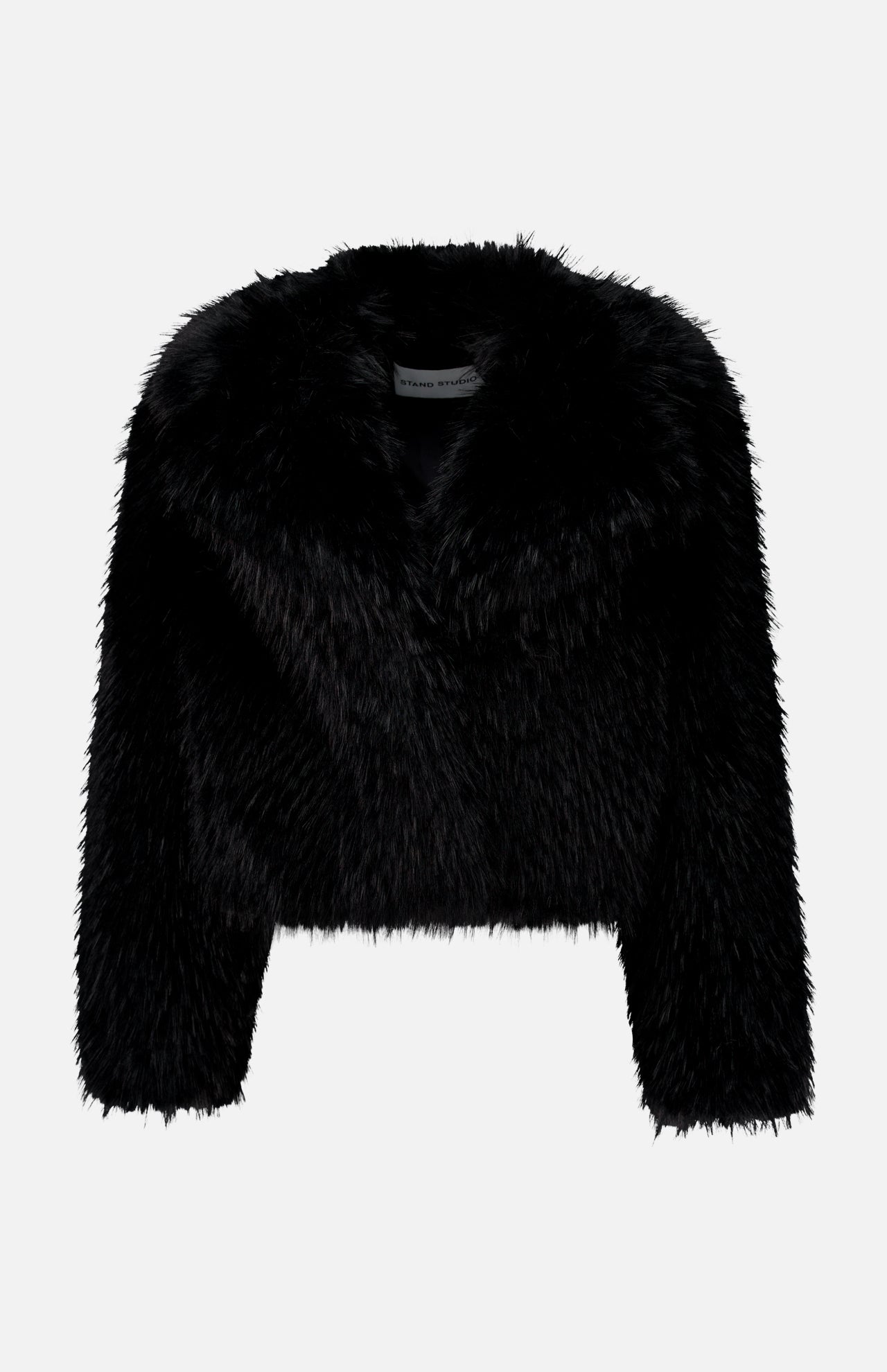 Stand Studio Samara Short Fox-like Jacket in black faux fur with a cropped silhouette and a wide collar.
