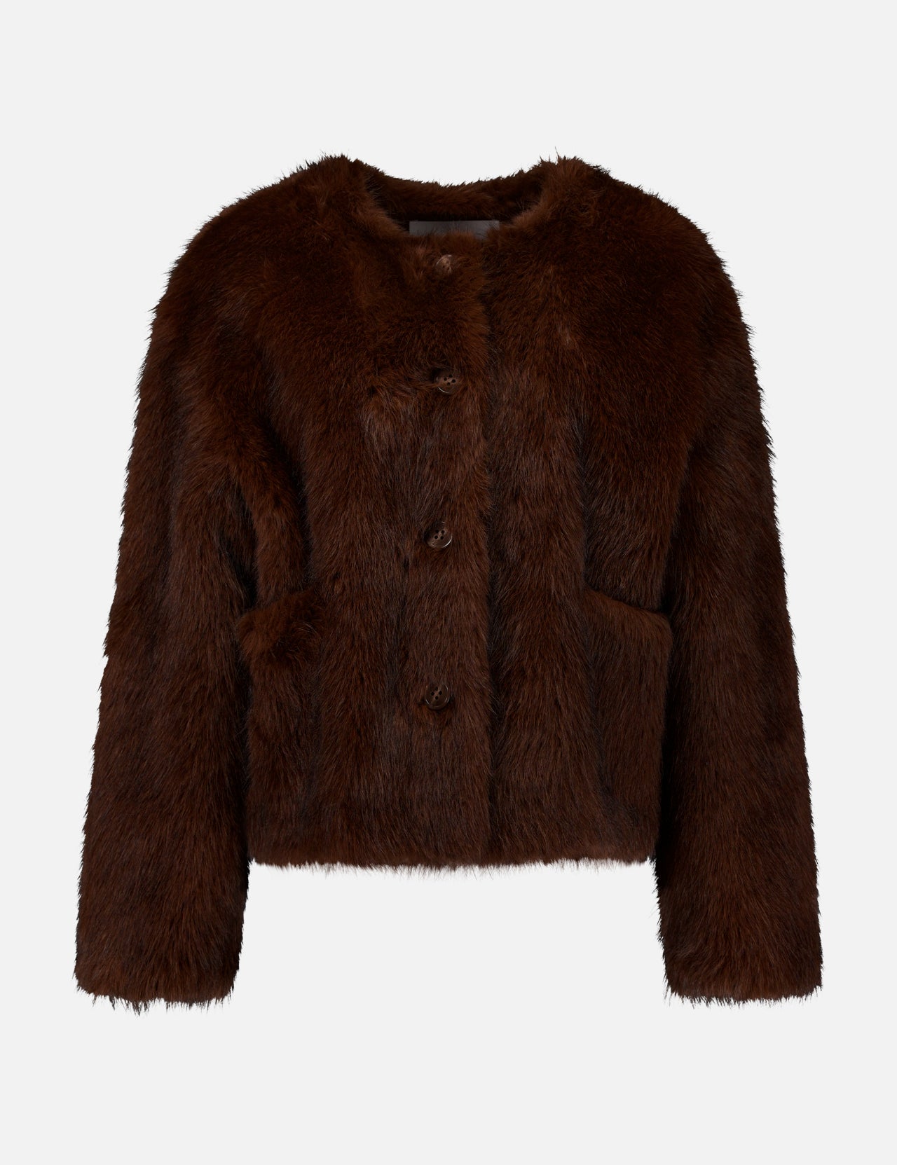 Stand Studio Siena Collarless Jacket in dark brown faux fur featuring a collarless neckline and a three-button front closure.