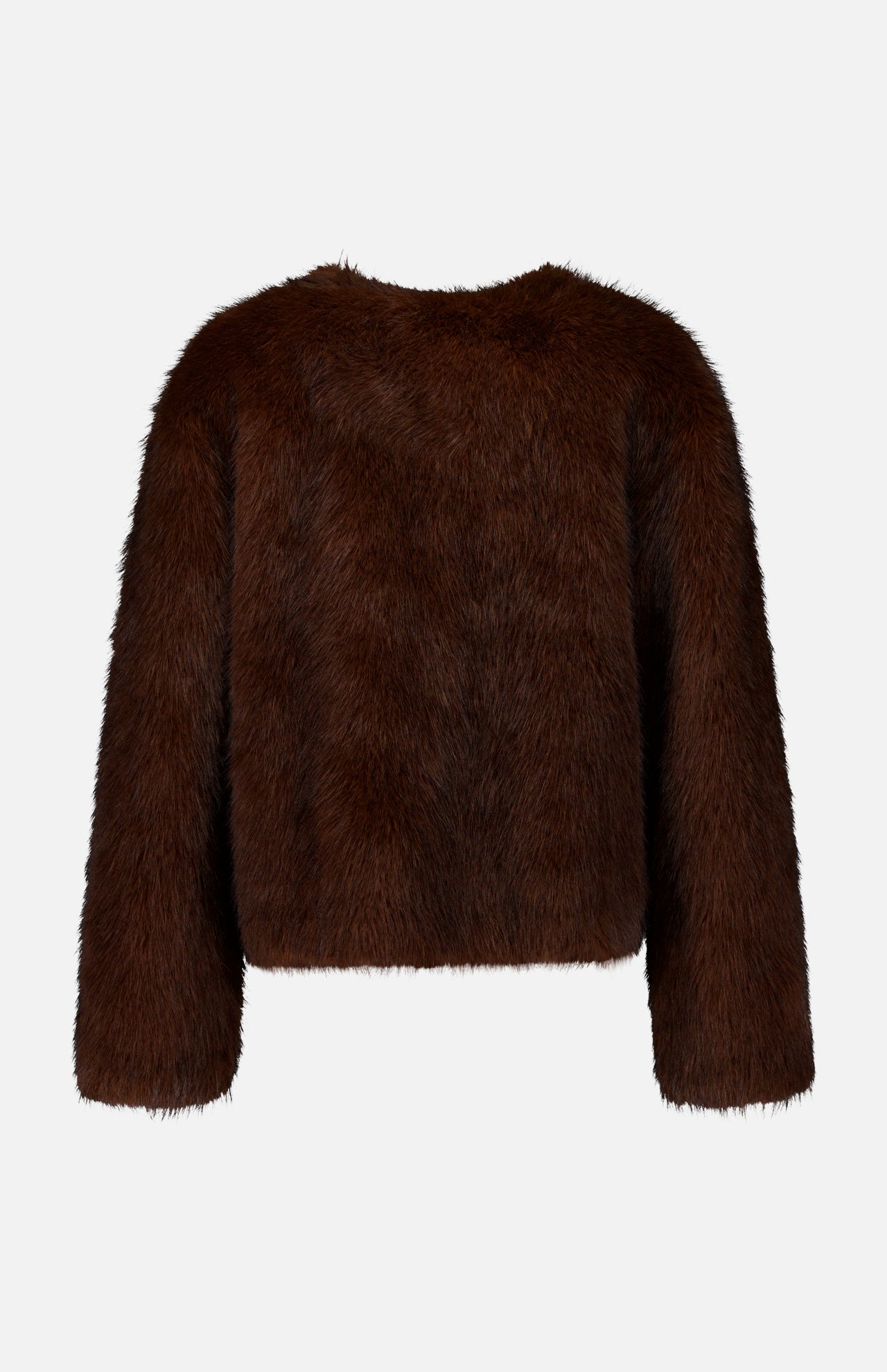 Stand Studio Siena Collarless Jacket in dark brown, featuring a long-sleeved, collarless faux fur design with luxury outerwear styling.
