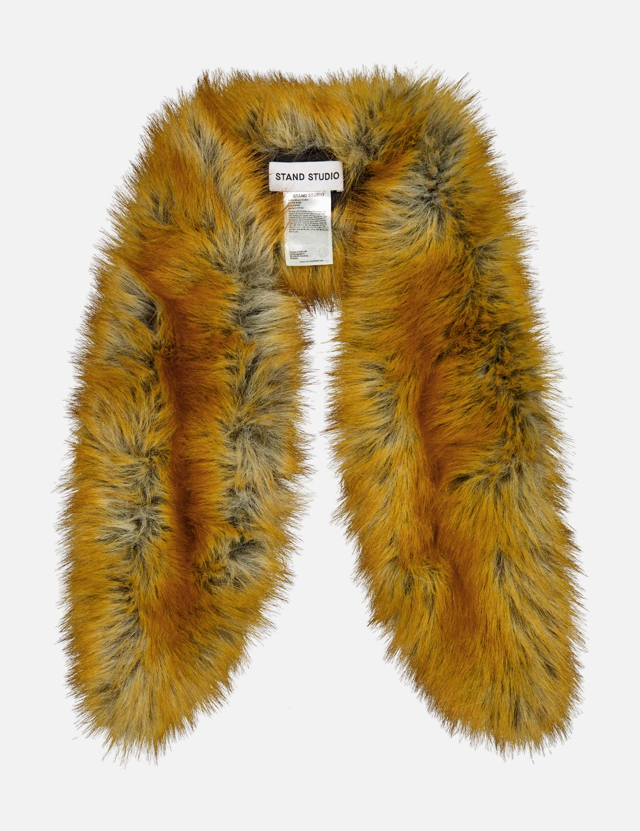 Mustard-yellow and black faux fur Zofia Shawl Collar by Stand Studio with interior brand and care labels.