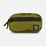 Introducing the STONE ISLAND Coated Nylon Belt Bag—a compact olive green pouch made from coated nylon, detailed with a black zipper, pull tab, and the signature black compass logo patch on the front. This accessory adds a subtle touch of streetwear style inspired by STONE ISLAND’s iconic design.