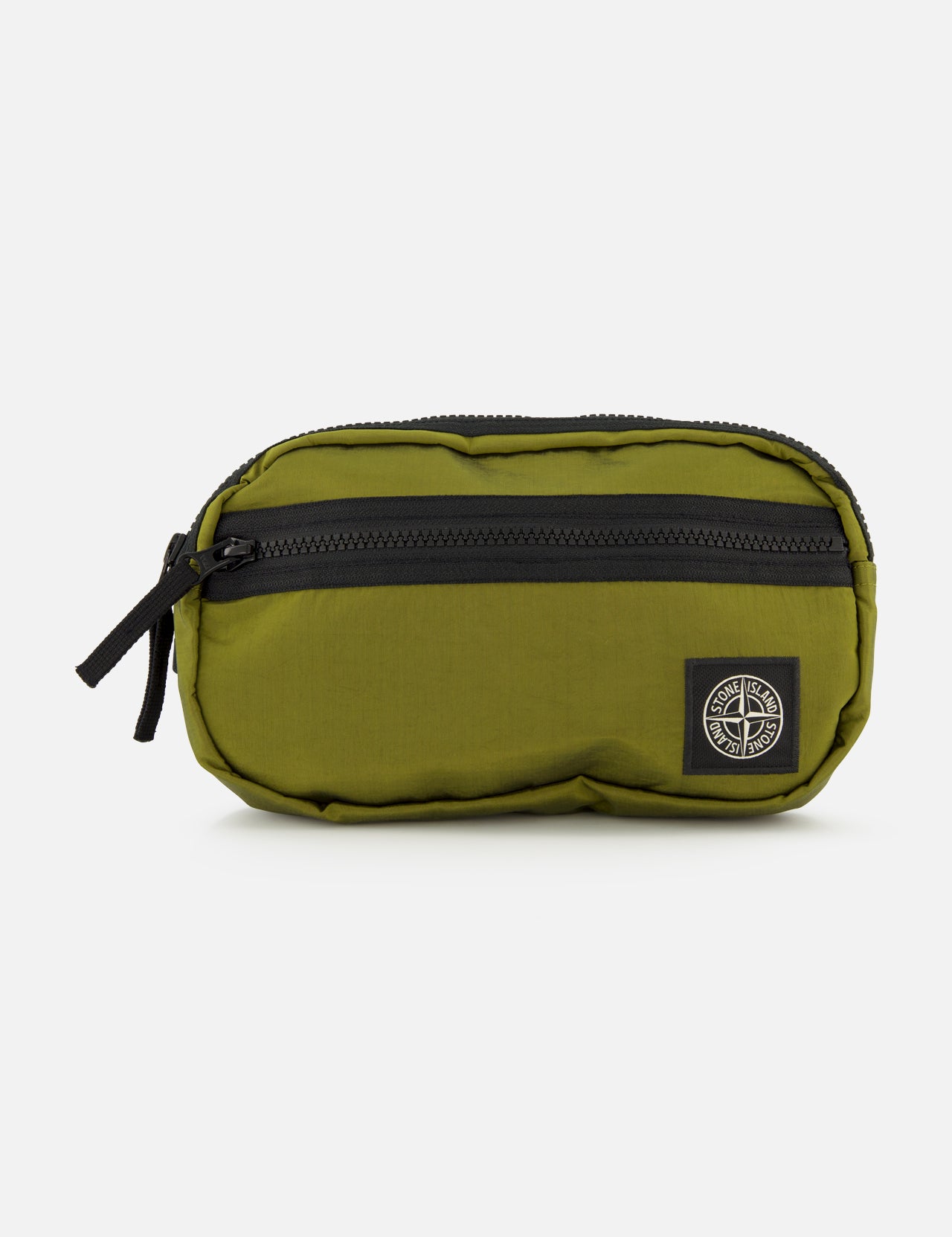 Introducing the STONE ISLAND Coated Nylon Belt Bag—a compact olive green pouch made from coated nylon, detailed with a black zipper, pull tab, and the signature black compass logo patch on the front. This accessory adds a subtle touch of streetwear style inspired by STONE ISLAND’s iconic design.